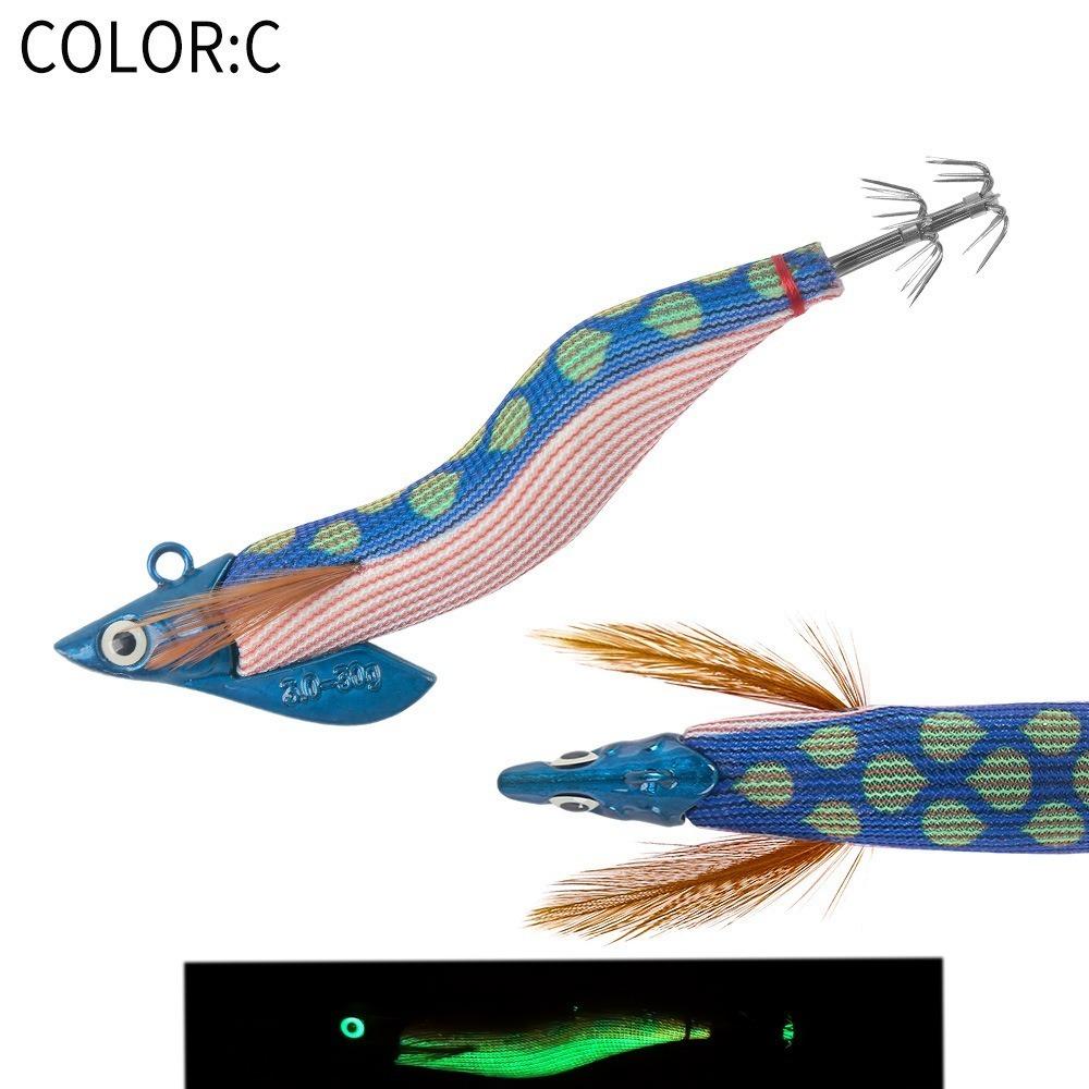 30g Luminescent Artificial Lures Sycamore Wooden Squid Bait Octopus Design Jigging Lures Squid Hooks Slow Sinking Deep Water Sea