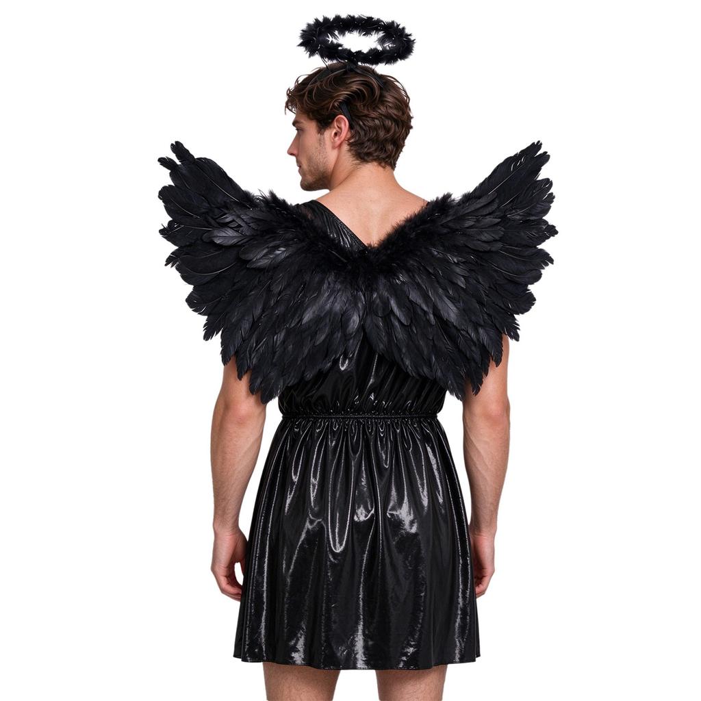Costume Toga Greco Romano Mitologico da Uomo Tunica Metallizzata Monospalla con Ali e Copricapo per Festa Cosplay di Halloween