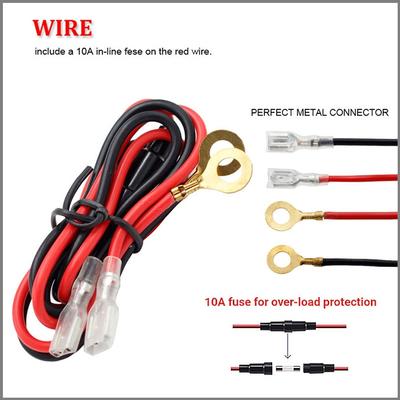 Cavo di Alimentazione per Auto con Fusibile da 10A - Cablaggio Automobilistico da 60cm con Terminali ad Anello per Accessori 12V/24V