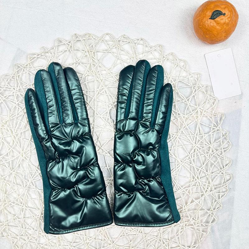 

Winter Women Luxury Waterproof Warm Touch Screen Down Cloth Suede Soft Splicing Gloves Elasticity Drive Cycling зелений