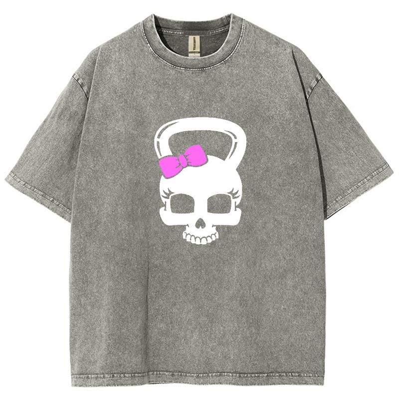 Colourful Old Washed Short-sleeved T-shirt Loose Skull Weird Bow Cute Street American Vintage Trend Leisure