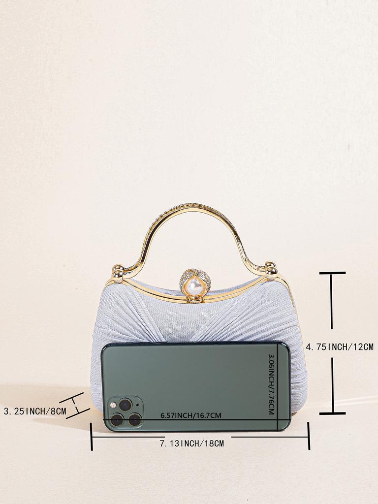 Glitter Ruched Evening Bag For Women, Faux Pearl Decor Clutch Purse