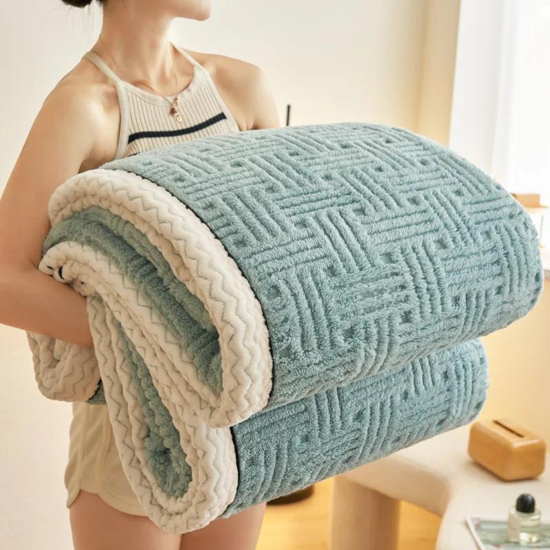 Furry Plush Warm Winter Blanket A Grade Carved Velvet Coral Fleece Flannel Soft Thick Bedspread For Bed Sofa Single Double Size