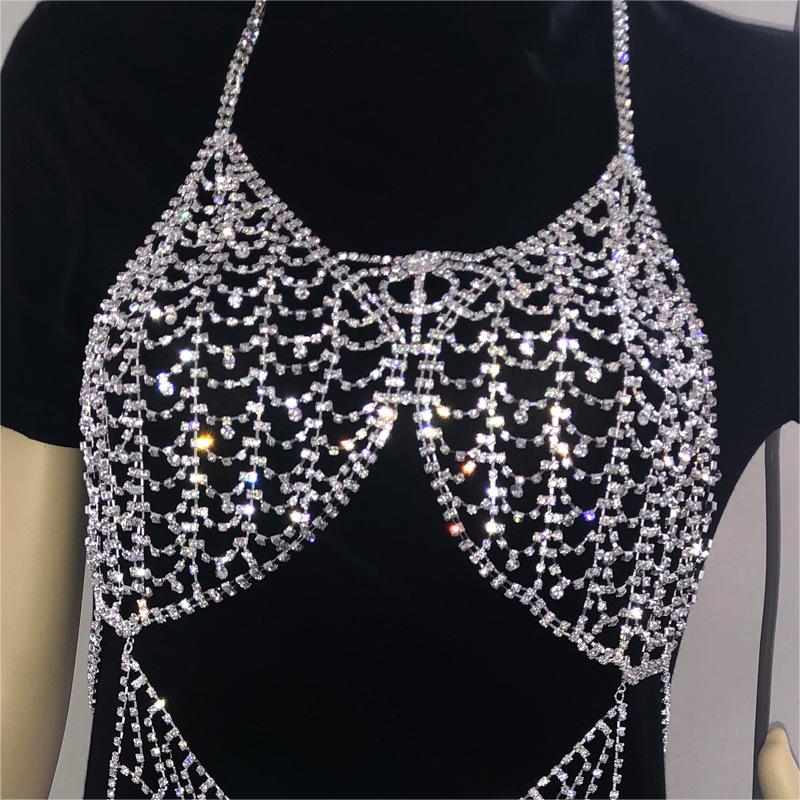 Leqoel Bling Rhinestone Body Jewelry Bling Big Luxury Women Bra Dress Sexy Underwear Body Chain Jewelry