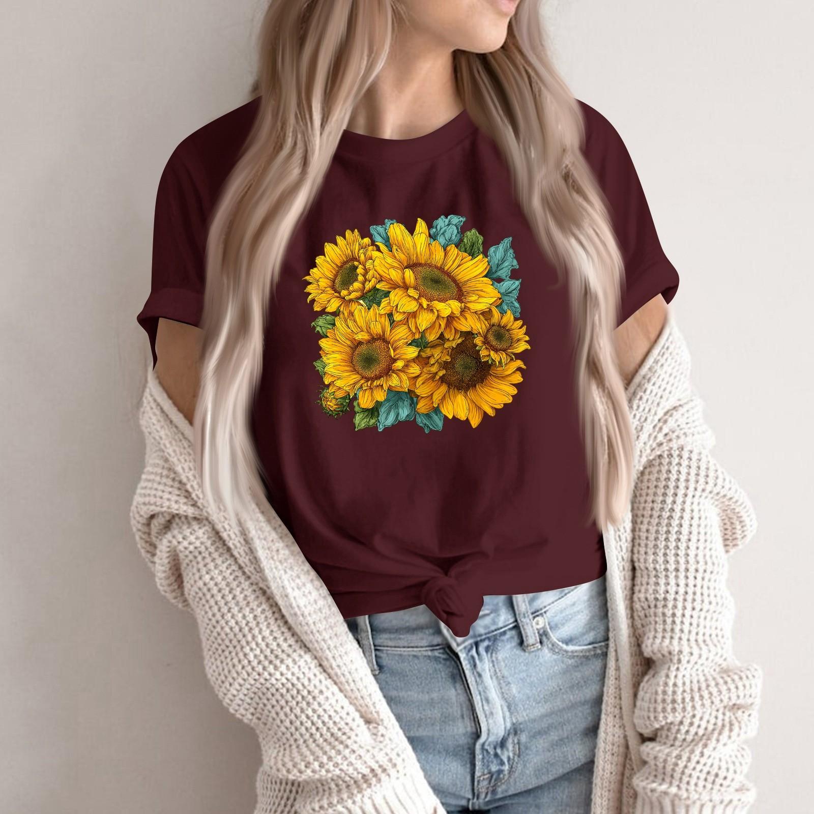 

Women s Fashion Casual Printed Round Neck Short Sleeved Pullover T-Shirt Top M винний