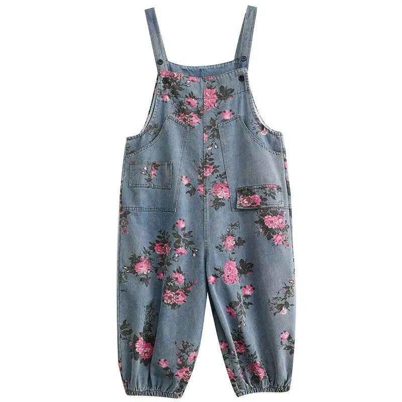 Pantaloni cu bretele din denim de marime pentru femei, largi, ocazional, la modă, versatil, imprimat, cu lanternă artistică, salopetă de blugi