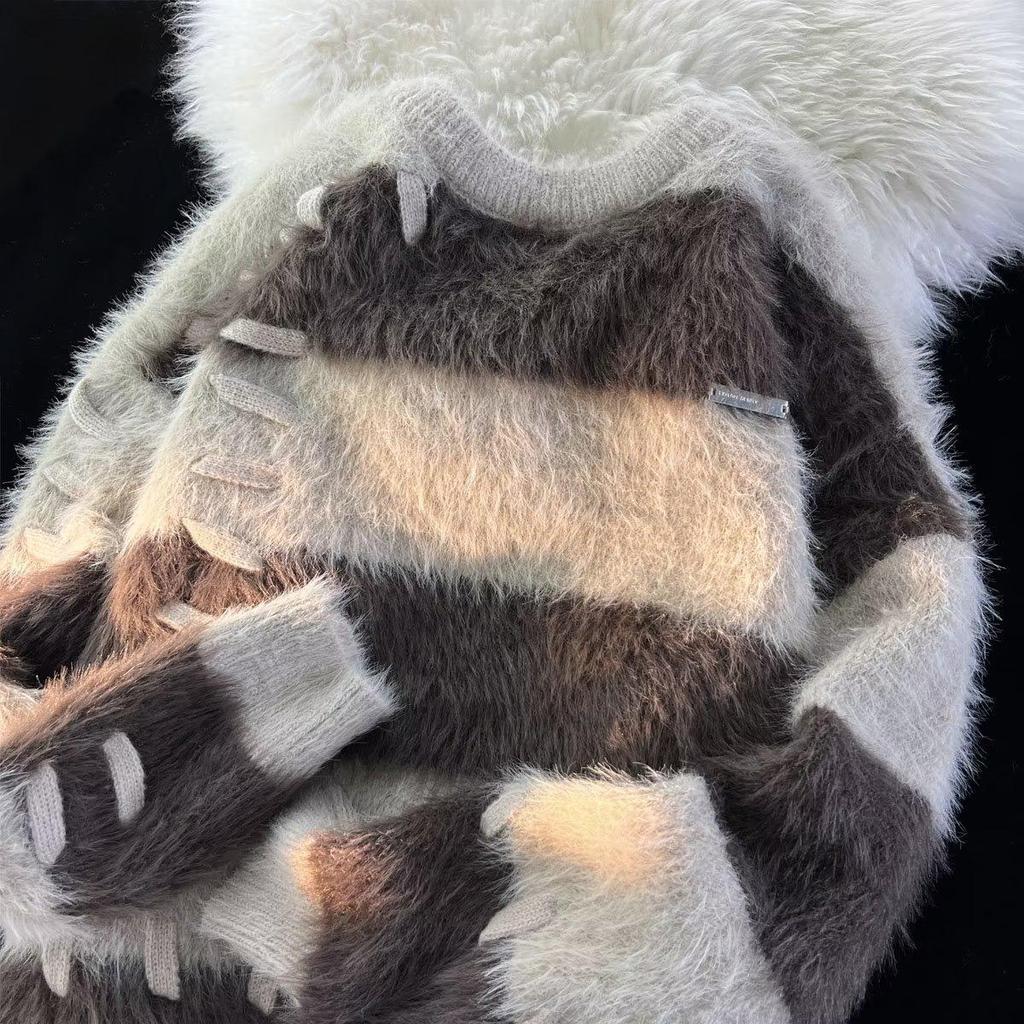 Maglione da Uomo Autunno/Inverno Giapponese in Pile di Visone Glutinoso a Righe - Design Accogliente e Stile Rilassato