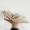 Back strap femininity stilettos pointed toe bag head white embroidered beaded mesh sandals women's wedding shoes