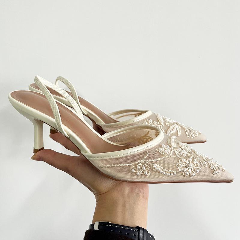 Back strap femininity stilettos pointed toe bag head white embroidered beaded mesh sandals women's wedding shoes