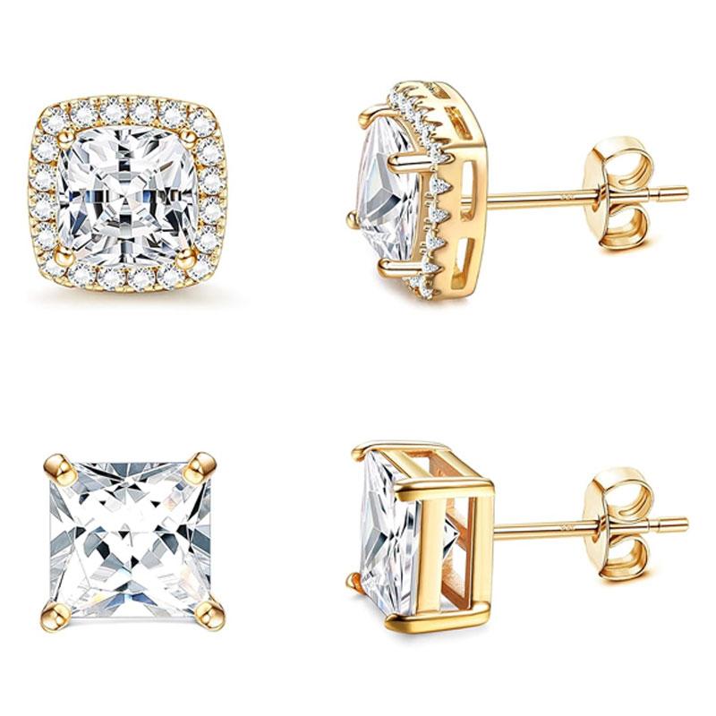 4 pair Stud Earrings for Women Men Gold Plated Hypoallergenic Silver Post Earrings Big Brilliant Simulated Diamond