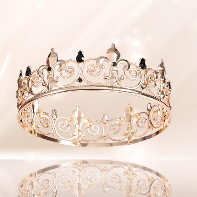 Baroque Fashion Alloy Crystal Crown Men's Full Round Crown Birthday Party Prom Men's Crown Tiara Crown
