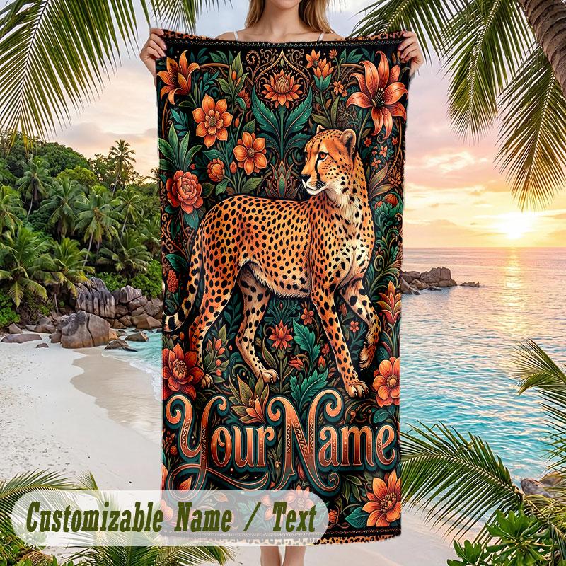 Wild Animal Safari Journal Theme Quick Dry Beach Towel Custom Name Text Print Large Sand Resistant Towel Beach Vacation