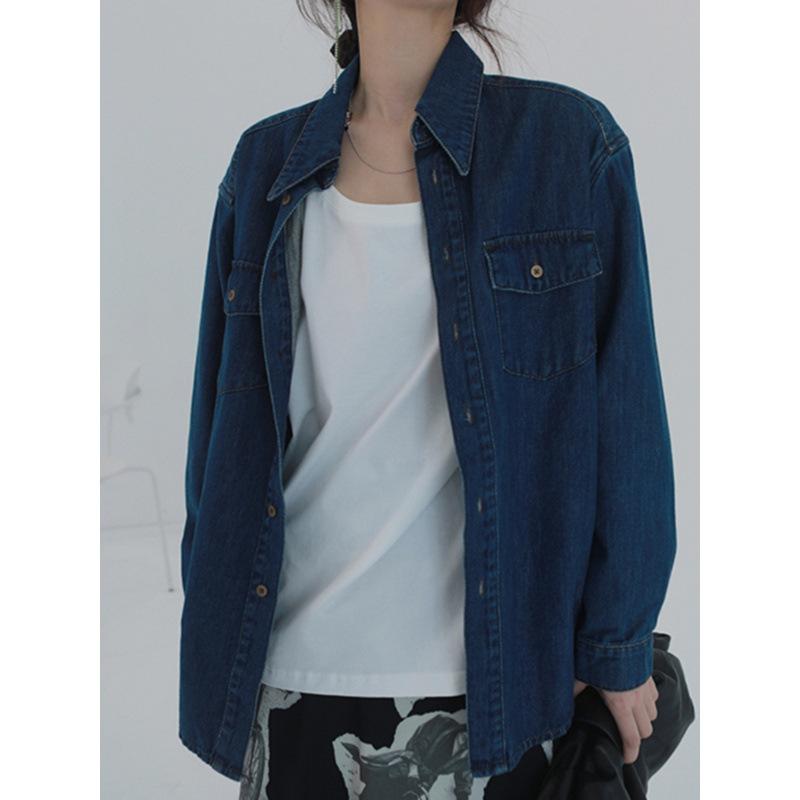 Classic Style Dark Blue Velvet Denim Top Jacket for Women Winter Mid-length Relaxed Fit Layered Inner Top Spring and Autumn