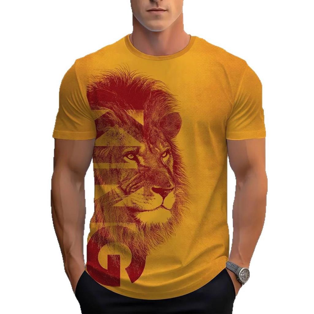 3D Lion Pattern Printed Short Sleeved Cool and Loose Summer Round Neck Top Men's T-shirts