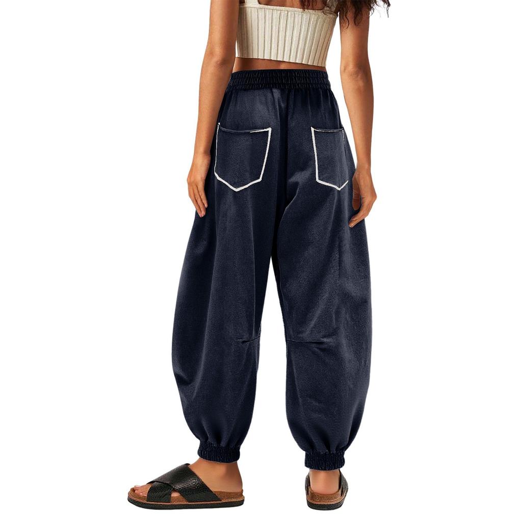 Women's Sanitary Pants, Wide Leg Pants, High Waist, Leg Cinching, Patchwork Pockets, Casual Pants