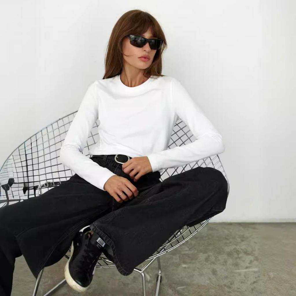 Casual Fashion Long Sleeve Women's 100% Cotton T-Shirt, Spring Versatile Basic Crew Neck Pullover Tee for American & European Commute Style