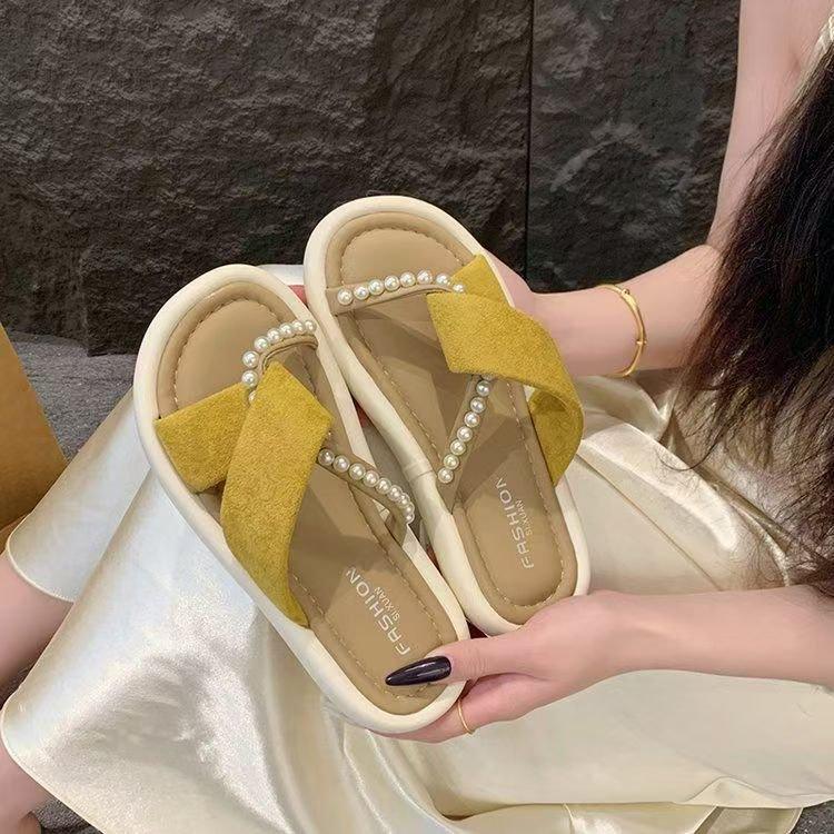 Thick bottom heightening outer wear one-word slippers summer new fairy wind French beach pearl cool slippers