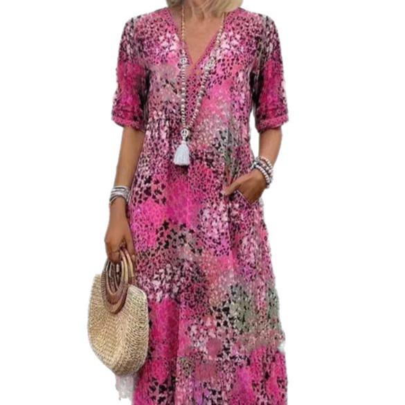 2025 European & American Fashion V-Neck Lace Print Short Sleeve Dress