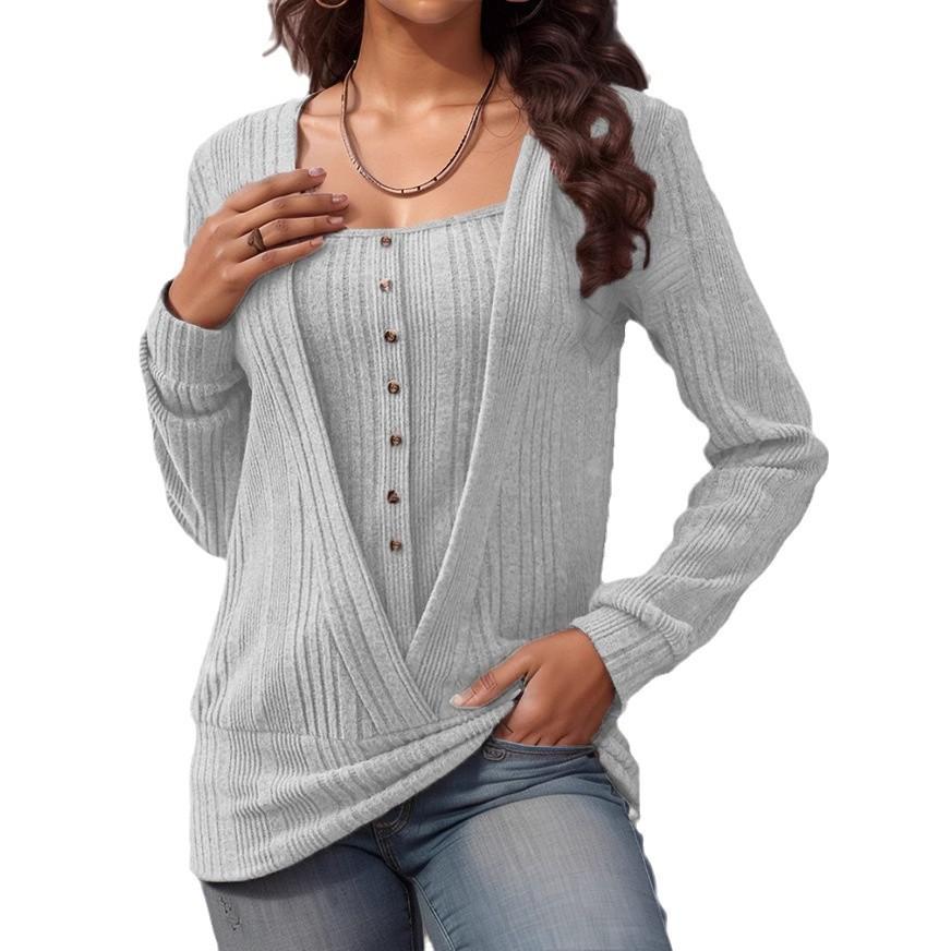 2024 New Autumn Winter Women Blouse Fashion Long Sleeve Fake Two-Piece Button T-Shirt Casual Solid Color Square Collar Loose Top