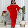 New One-word Shoulder Off-the-shoulder Hip-wrapped Lace Splicing Lantern Sleeve Dress Dress Dress