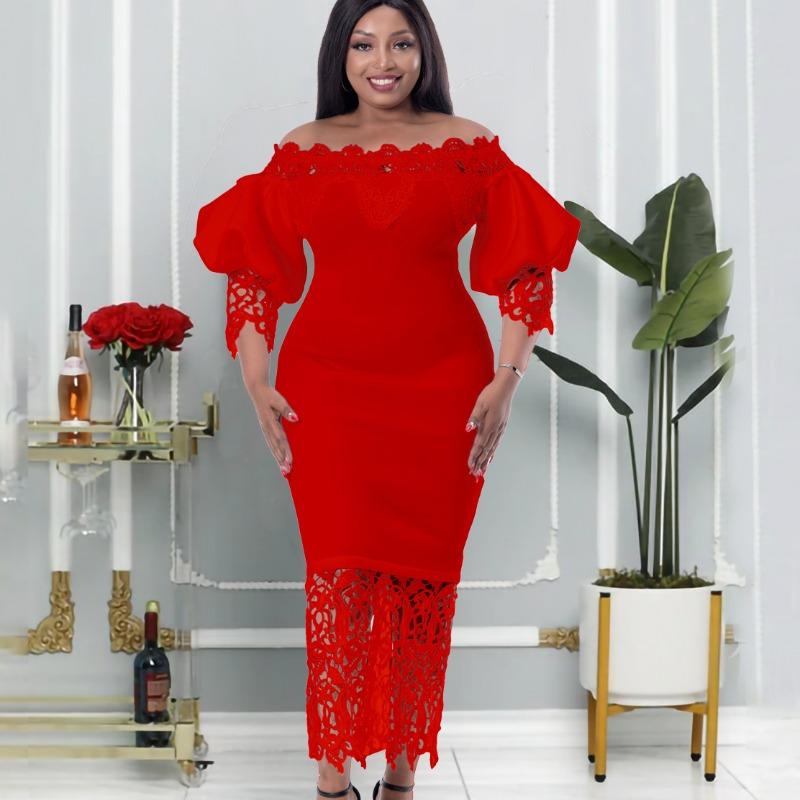 New One-word Shoulder Off-the-shoulder Hip-wrapped Lace Splicing Lantern Sleeve Dress Dress Dress