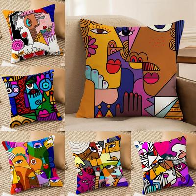Housse de coussin Visages abstraits colorés Peluche douce Imprimée recto-verso Housse de coussin pour canapé Décor confortable toutes saisons Cadeau