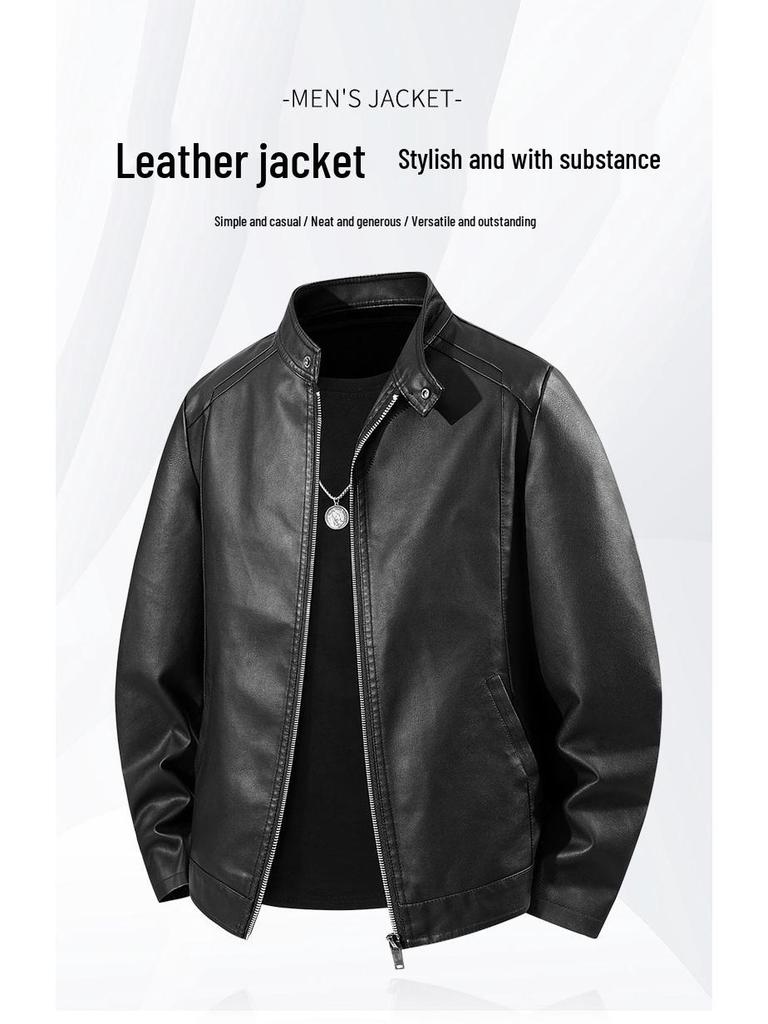 Men's Trendy Versatile PU Leather Motorcycle Jacket with Stand Collar for Autumn and Winter