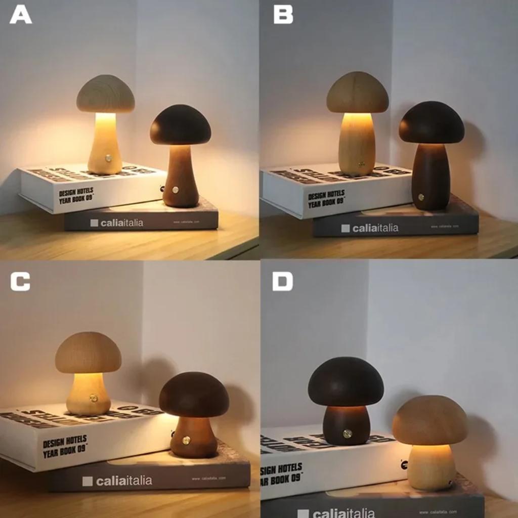 Nové roztomilé, teplé a útulné drevené LED nočné svetlo v tvare húb pre spálňu a detskú izbu Krásna lampa na nočný stolík s dotykovým ovládaním