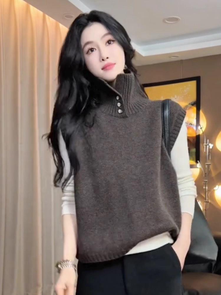 Women's High Neck Sleeveless Knit Vest - French Lazy Style, Autumn/Winter Base Layer
