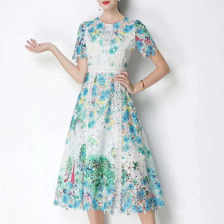 Ricamo Formale Lusso Sera Midi Abito Donna Estate Uncinetto Fiore Lavorazione a Maglia Intrecciata Manica Corta Pizzo Lunghi Abiti Festa Vestiti