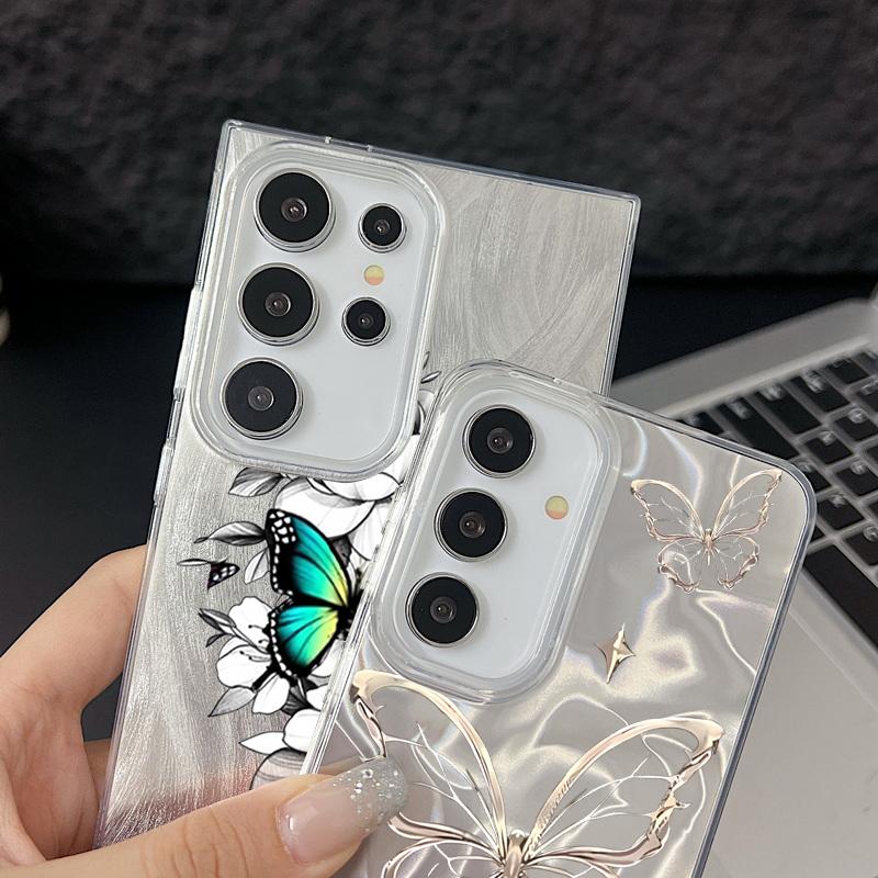 Laser Phone Case For Samsung Galaxy S25 S24 S23 Ultra S24 FE S22 Plus A55 A15 A16 A35 A25 A54 A56 5G Gold Butterfly Print Cover