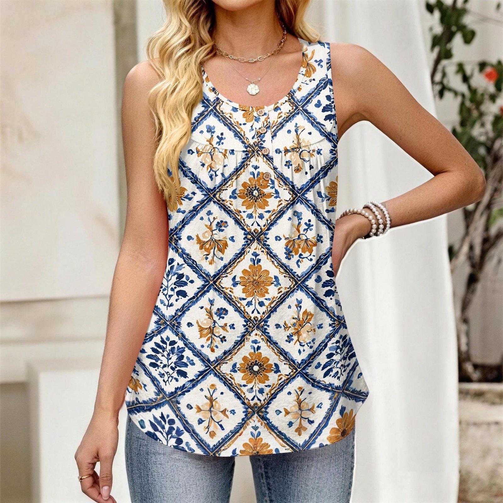 

Женский новый модный ретро цветочный полосатый текстурированный принт круглый вырез свободный повседневный жилет-топ без рукавов на пуговицах XL киноварь