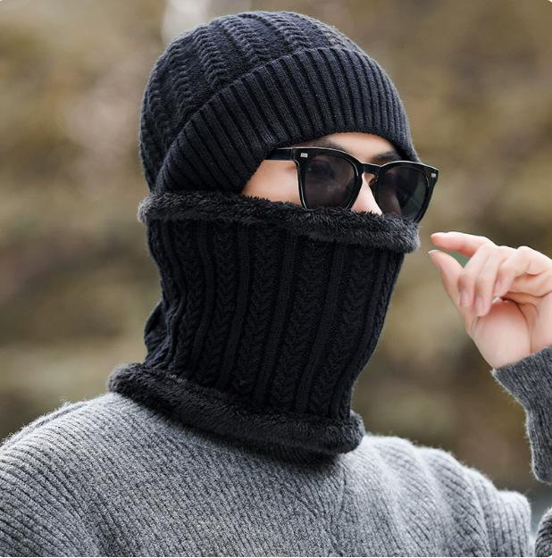 Winter solid color cloth label sports knitted hat men's simple outdoor warm ear protection scarf wool hat cold protection two-piece set