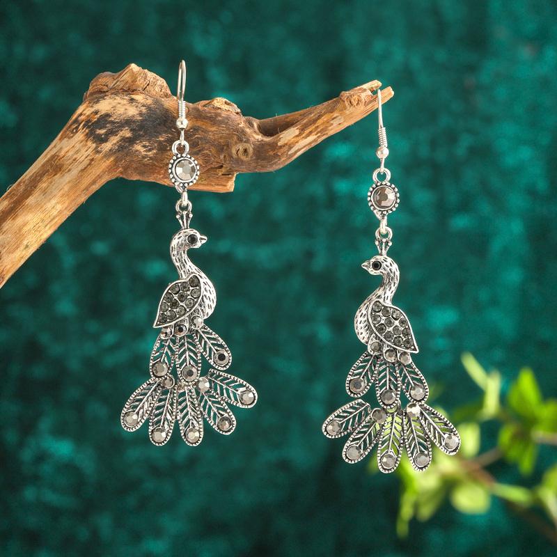 Vintage Ethnic Colroful Rhinestone Peacock Dangle Earrings For Women Long Classic Silver Color Animal Earrings Female Jewelry