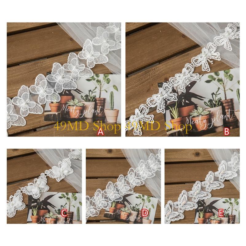 49MD 1 Yard Bowknot for Butterfly Embroidered Lace Trim Ribbon Imitation Pearl Beaded Applique DIY Sewing Craft Wedding Bridal