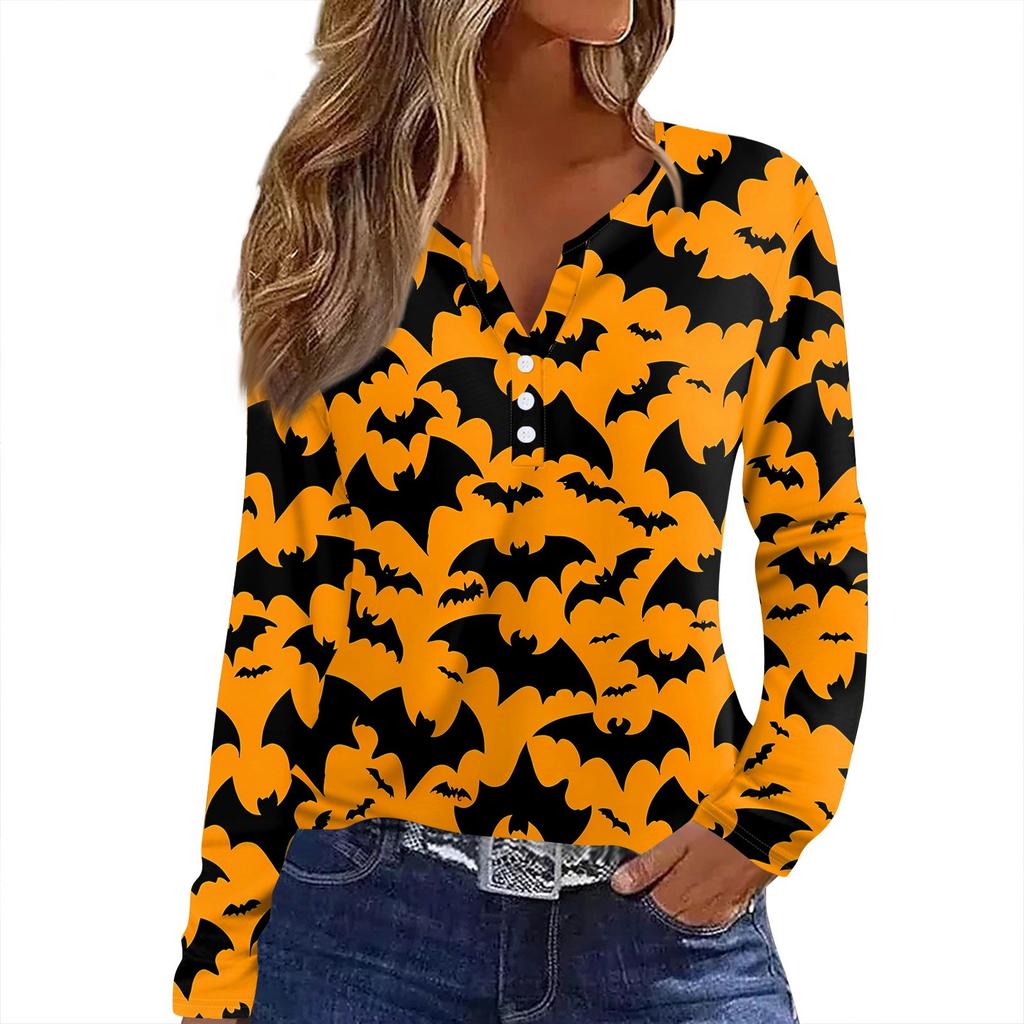 Dámské tričko s potiskem Halloweenu, knoflíky, dlouhý rukáv, denní, víkendová móda, základní, výstřih do V, běžný top