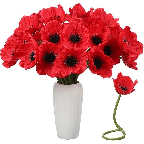 Censen 42 Pcs Artificial Poppy Flowers Bulk PU Silk Poppy Flowers 11 Inch Poppy Anemone Stems Artificial Flowers Table Centerpiece Decor for Home