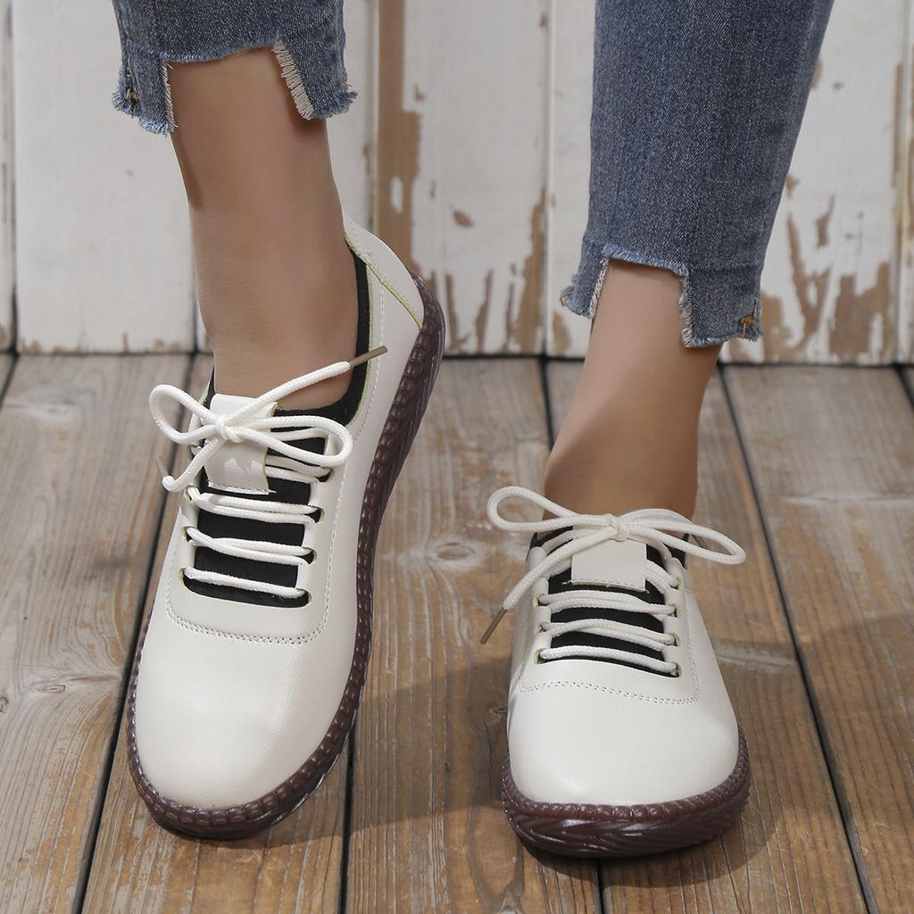 Sapatos Casuais Femininos de Cadarço Tamanho Grande Sapatos Brancos Pequenos Confortáveis Solado Macio Couro Macio Sapatos Estilo Feijão