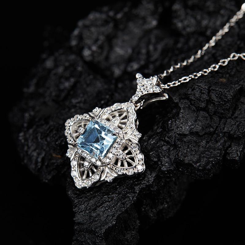 Vintage Court Hollow S925 Sterling Silver Inlaid With Natural Topaz Pendant, Colorful Treasure Necklace, Women'S Model