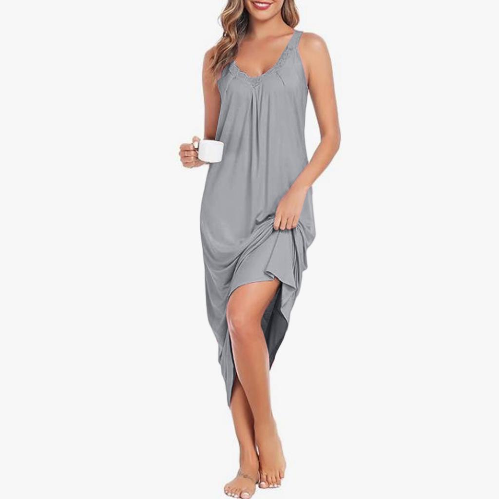 Women's Soft Long Elegant Lace V-Neck Home Clothes Sexy Loose Sleeveless Casual Dress