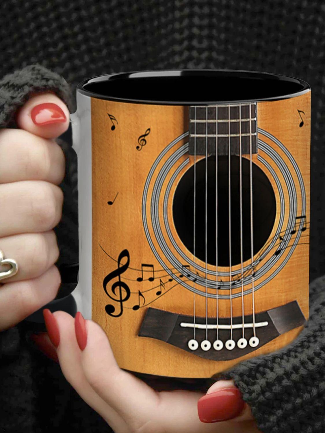 

1 шт., кружка с изображением гитары - прочная посуда для горячих и холодных напитков - идеально подходит для любителей музыки, отличный подарок на любой случай 11 унций 11oz чёрный