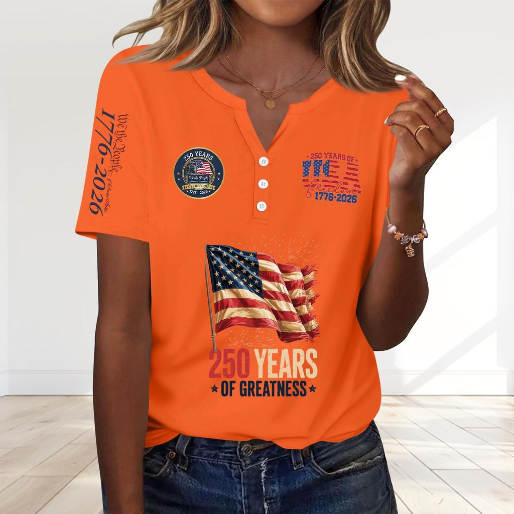 Women's Fashion Casual 250th Anniversary Independence Day Print V-Neck Short Sleeve Decorated Button-Up T-Shirt