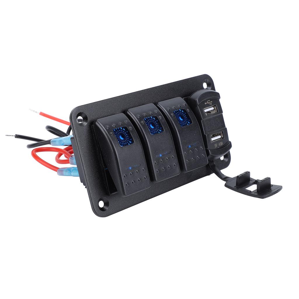 12V 24V 3 Gang Rocker Switch Aluminum Panel with Voltmeter Dual USB Fast Charging Multifuntional
