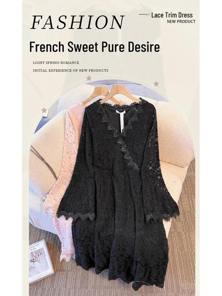 Plus Size Women's French Lace Dress, Long Sleeve, Waist-Cinched, Elegant and Slimming, Fits 130-300 Jin