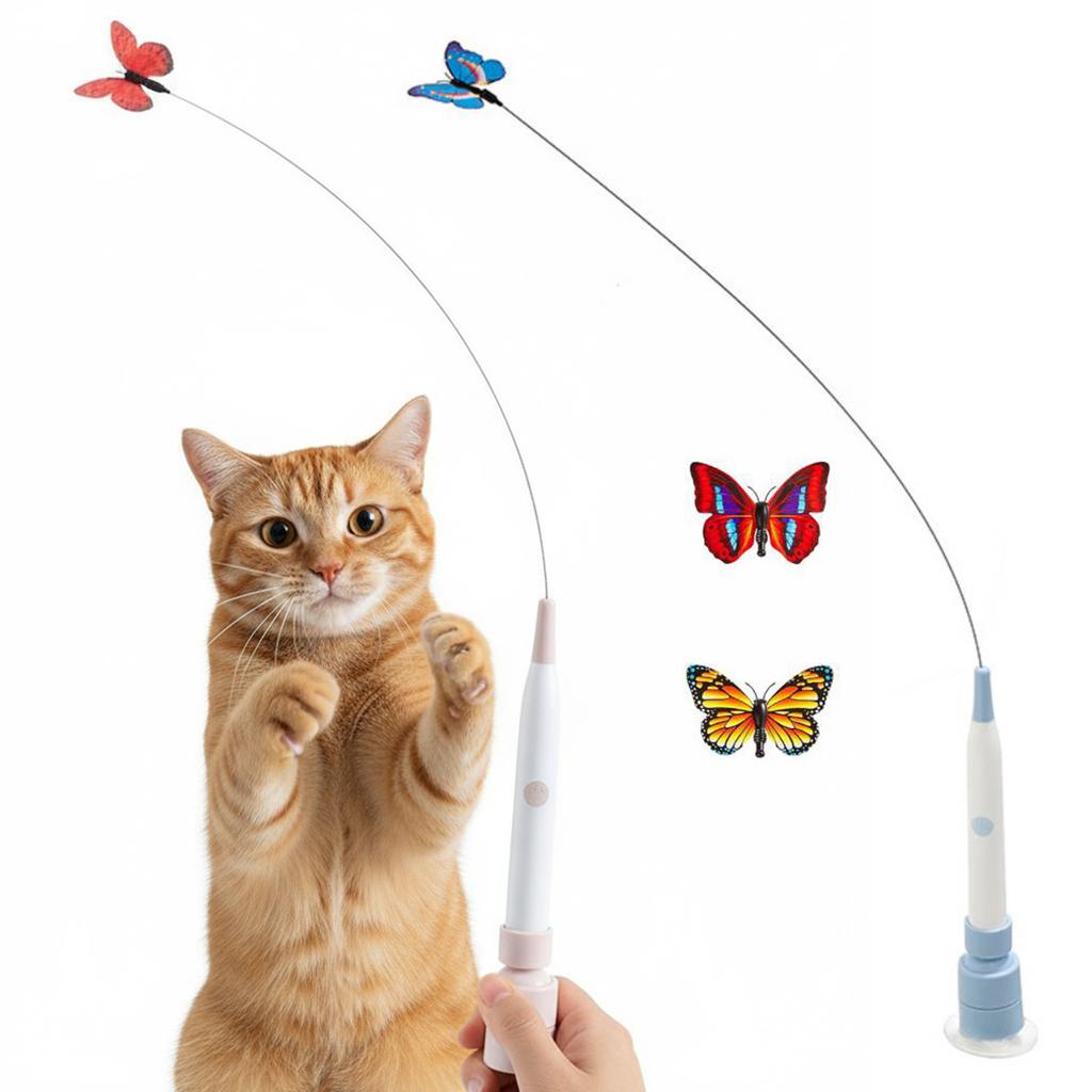 Flutter Rotierende Kätzchenspielzeuge Spinnendes Schmetterling Katzen Spielzeug Angelleine Automatisches Katzen Reizspielzeug für Wohnungskatzen