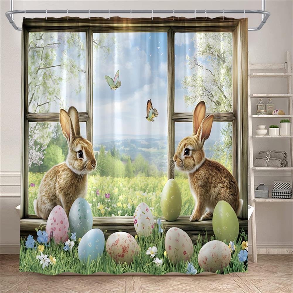 Funny Bunny Easter Shower Curtains Butterfly Watercolour Floral Rabbit Eggs Rustic Fabric Home Bathroom Curtain Decor With Hooks