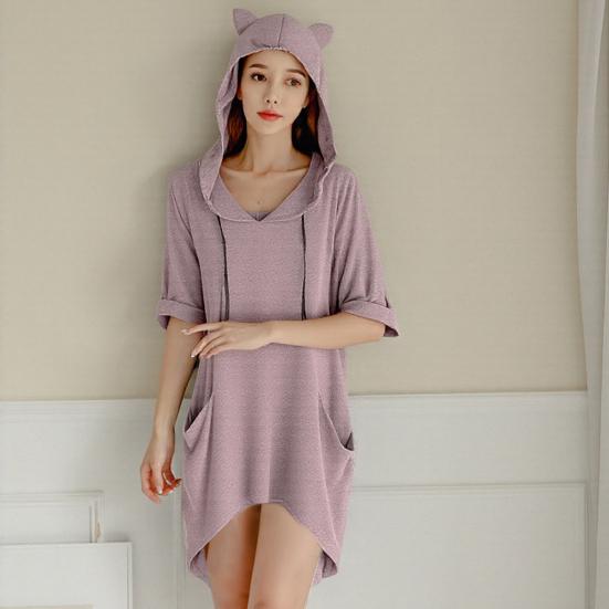 Women Long Pullover Hoodie Irregular Hem 3/4 Sleeve Sweatshirts Cat Ear Hooded Tunic Tops with Pockets