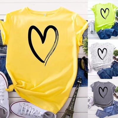 Kvinnor T-shirt Mode Hjärtmönster Print O-hals Kort ärm Casual bomull Toppar