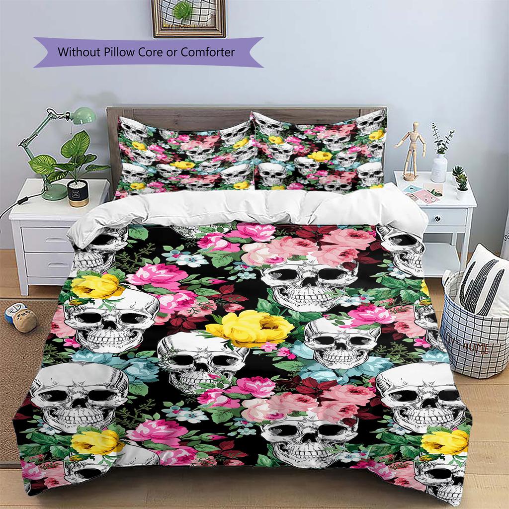 Vintage Skull Pattern Pattern Bedding Quilt Set Quilt Cover Pillowcase Home Decoration Gift (1 * Duvet Cover + 2 * Pillowcase, Without Core)