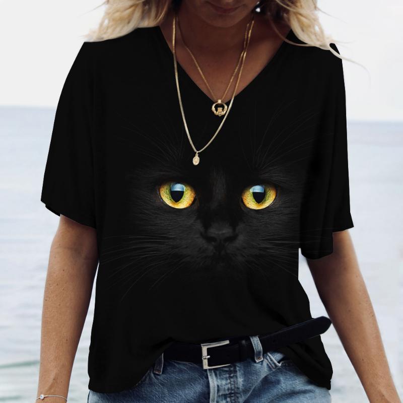Cartoon Cat Women's T-shirts V-Neck Cute Cat Print Short Sleeve Summer Kawaii Fashion Casual Tee Shirts Funny Femininity Clothes